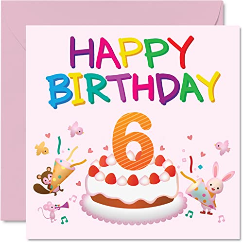 Amazon | 6歳の誕生日カード 女の子 - 生き物パーティーバースデー